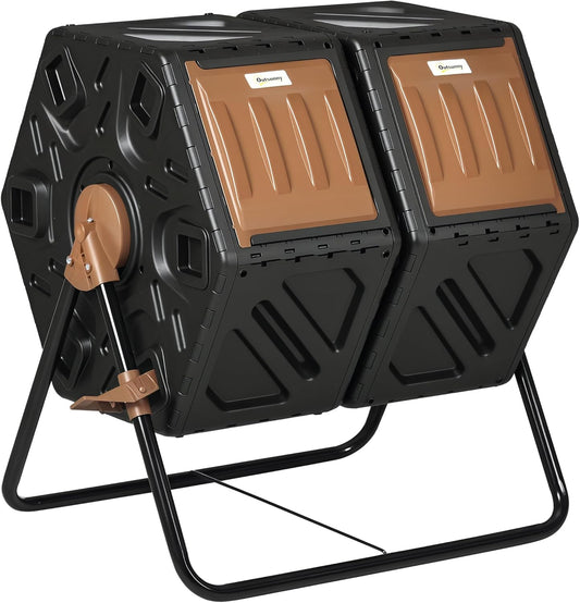 Outsunny Dual Chamber Compost Tumbler Bin, Outdoor Tumbling Composter with 24 Ventilation Openings and Steel Legs, 34.5 Gallon