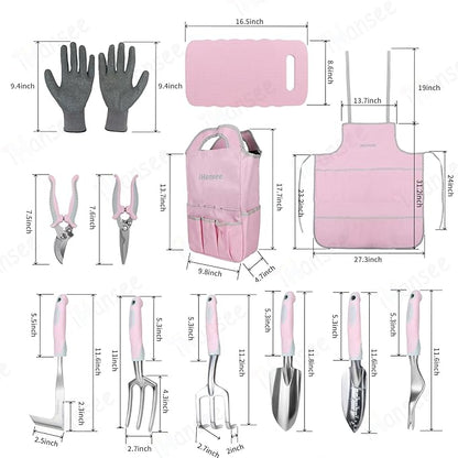 Pink Garden Tool Sets 12 Pieces, iHansee Aluminum Gardening Hand Tools with Non-Slip Handle, Kneeling Pad, Apron, Gloves and Organizer Bag, Landscaping Tools - Gift for Women & Garden Enthusiasts