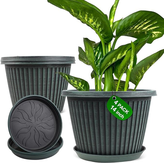 Large-Planter-Indoor-Outdoor Plant Pots, 14 inch 4 Pack Plastic Flower Pots with Saucer And Drainage Holes, Modern Garden Planters For Planting Medium Large Plants， Decorative Resin Garden Pots