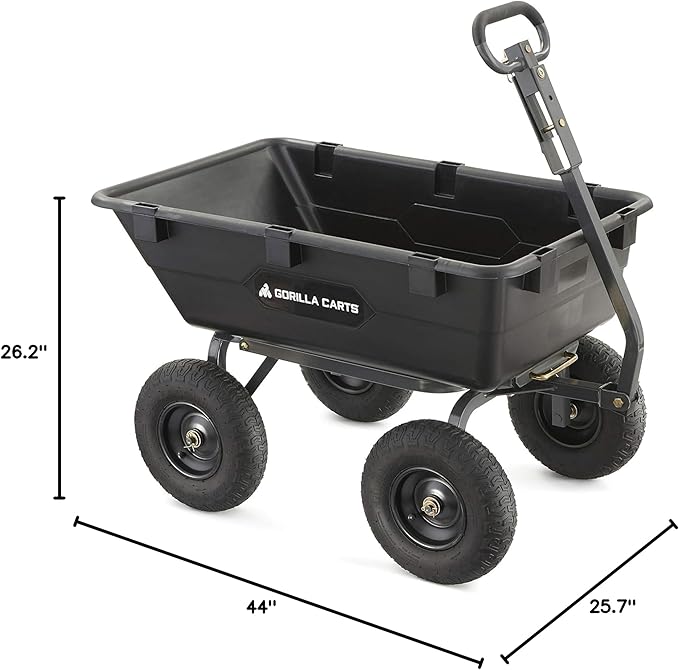 Gorilla Carts Heavy-Duty Poly Yard Dump Cart, 6 Cu Ft Tub, 1200 lb Haul Capacity, Black – Towable Utility Wagon with Quick-Release Dumping & Pneumatic Tires for Landscaping and Gardening