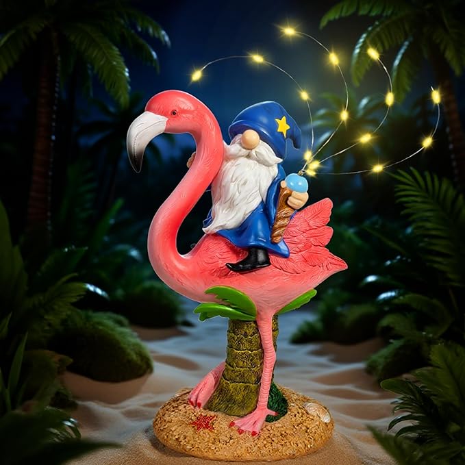 Funny Flamingo Gnome Solar Garden Statue with LED Light - Outdoor Yard Lawn Patio Decor - Great Birthday Housewarming Gift for Women, Mom, Grandma