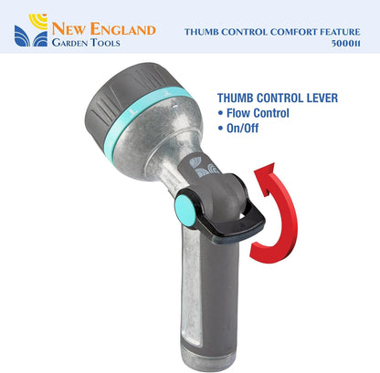 Heavy Duty High Pressure Metal 8 Pattern Hose Nozzle 500011 with Thumb Control and Extended Handle Comfort Grip by New England Garden Tools for Cleaning, Watering Plants & Yards, Washing Cars & Pets