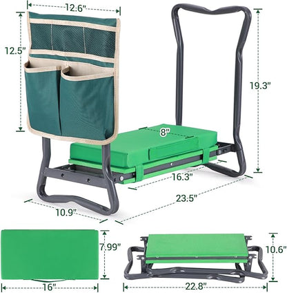 Ohuhu Garden Kneeler and Seat: Upgraded Widened Gardening Stool with Detachable Soft Kneeling Pad, Foldable Garden Bench Heavy Duty with Large Tools Bag and Pouch, Gifts for Women Men Seniors Gardener