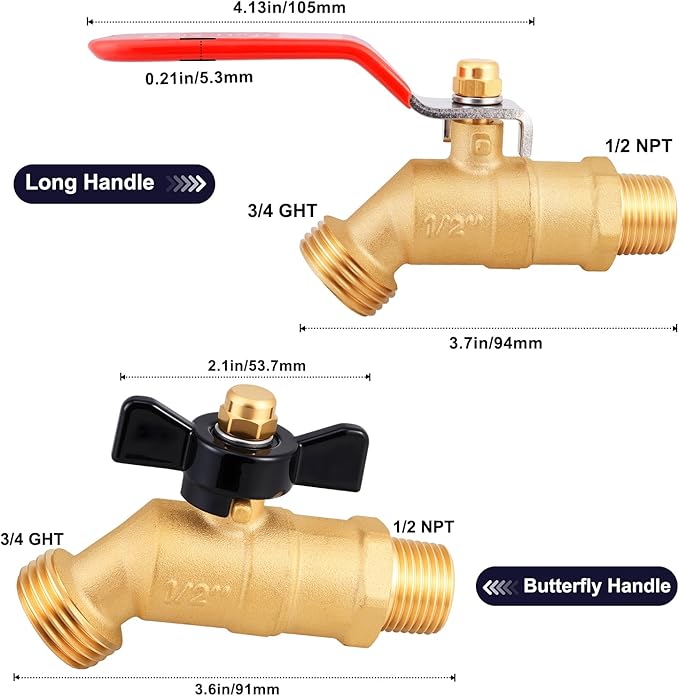 UNWAVER Garden Hose Full Flow Faucets Heavy Brass Bibb 1/2" Male NPT inlet Connection with 3/4" Male GHT water hose outlet (1/2 inlet Long Handle and Butterfly Handle 2PCS)