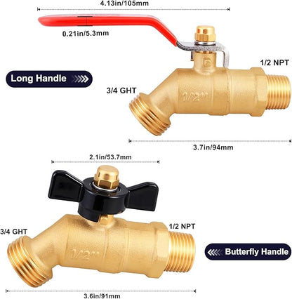 UNWAVER Garden Hose Full Flow Faucets Heavy Brass Bibb 1/2" Male NPT inlet Connection with 3/4" Male GHT water hose outlet (1/2 inlet Long Handle and Butterfly Handle 2PCS)