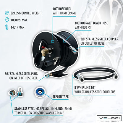 MTM Hydro Pressure Washer Hose Reel Kit, Metal Heavy-Duty Hand Crank Wall Mounted, Commercial Grade with Kobrajet Black Hose High Pressure 3/8” 4000 PSI 100’ Commercial Grade