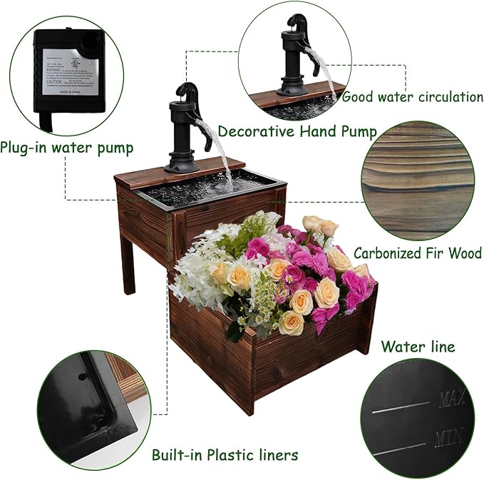 Outdoor Water Fountain，Floor Wooden Rectangular Double-Layer Old-Fashioned Pump Fountain with Flower Box，Plug-in Electric Decorative Hand Pump,Outdoor Water Feature for Garden Patio Backyard