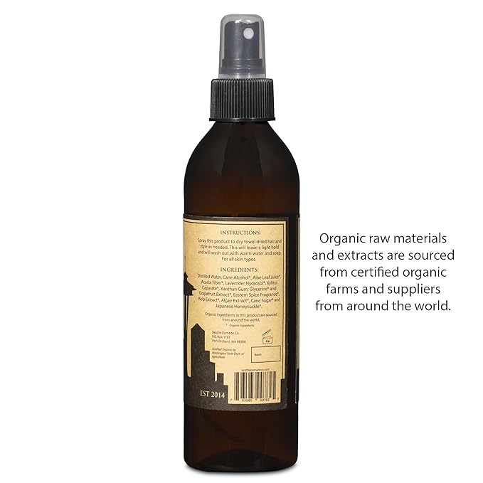 Seattle Pomade Co. Certified Organic Hair Spray made with Organic Aloe and Acacia Fiber. Strengthens & Lightly Holds Hair. Globally sourced certified organic materials.