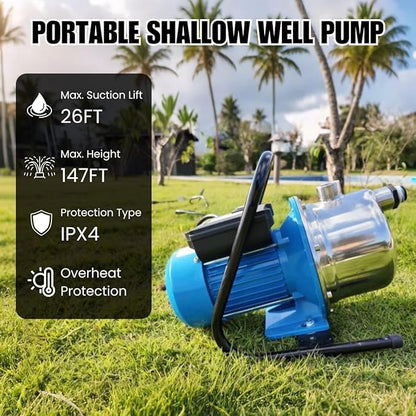 FOTING 1.6HP Shallow Well Pump, 1600GPH Jet Pumps Garden Pump 147FT, Portable 115V Water Transfer Household Draining Irrigation Pumps Stainless Steel for Garden Lawn Farm