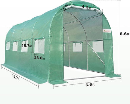 KING BIRD Premium 15x6.6x6.6FT Greenhouse for Outdoors, Large Walk-in Upgraded Galvanized Metal Frame, Mesh Door Screen Window Improved Zipper Tunnel Hoop for Garden Plant Winter, Green