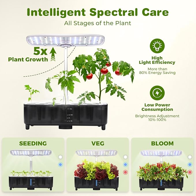 Kingsyard Smart Hydroponics LED, 48W Indoor Garden Grow System, Visible 5L Tank Quiet Pump Auto Timer Kit 15 Pods Herb Seed Starter for Veggies & Salad Greens Plants