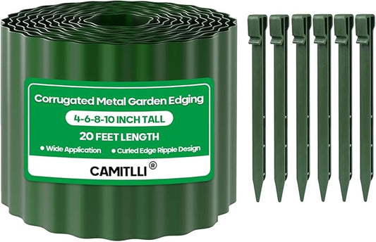Corrugated Metal Garden Edging,Sturdy Tall Landscape Edging Borders with 6pcs Anchor Stakes, Perfect DIY for Flower Beds, Lawn and Pathway,Tree Surrounds,Paver Edges (Green 10"×20FT)