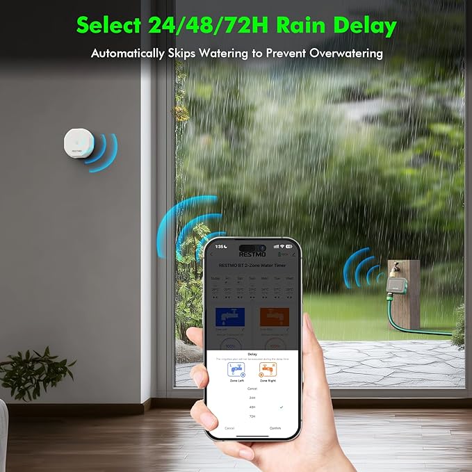 RESTMO Smart Sprinkler Timer with Flow Meter, Water Timer for Garden Hose, Brass Inlet & Outlet, Automatic Lawn & Yard Irrigation Watering System, APP Remote Control (RF Hub + WiFi Connection)