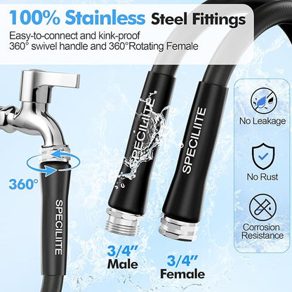SPECILITE 5/8" Hot/Cold Garden Hose 200 ft with Industrial High Pressure Nozzle, Flexible & Lightweight, 600psi Burst Rubber Water hose -50℉-158℉ With 3/4"Stainless Steel Fittings for Yard, Black