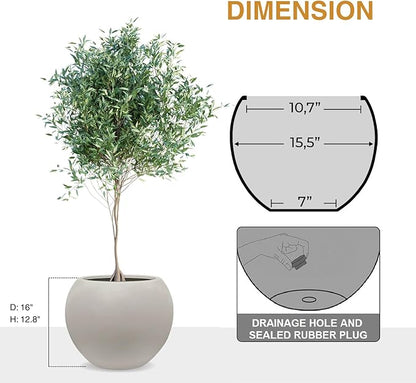 12.8" H x 16" D Globo Fiberstone Round Planter with Drainage Hole, Weather Resistant, Smooth Finish, Planters for Indoor Plants & Outdoor, 2 Extra Coco Mats (Taupe, 10.7" Pot Opening)