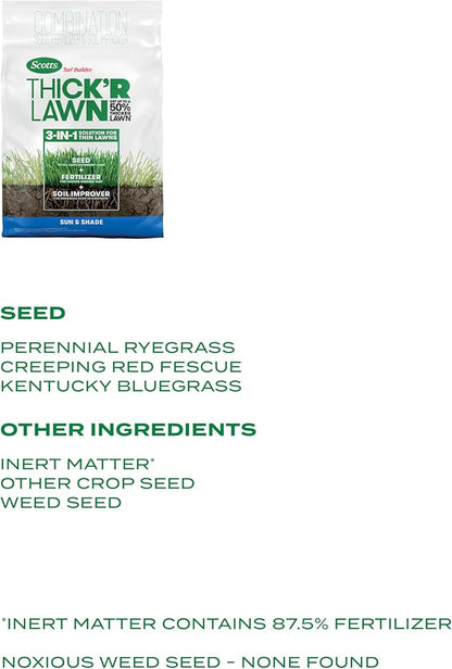 Scotts Turf Builder Thick'R Lawn Sun and Shade, Combination Seed, Fertilizer and Soil Improver, Thickens Thin Grass, 40 lbs.