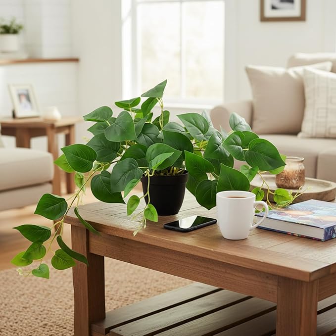 Tiita 2 Pack Fake Plants Artificial Scindapsus Aureus in Pots, Realistic Fake Greenery Potted Plants for Home Office Desk Window Sill Bathroom Bedroom Outdoor Indoor