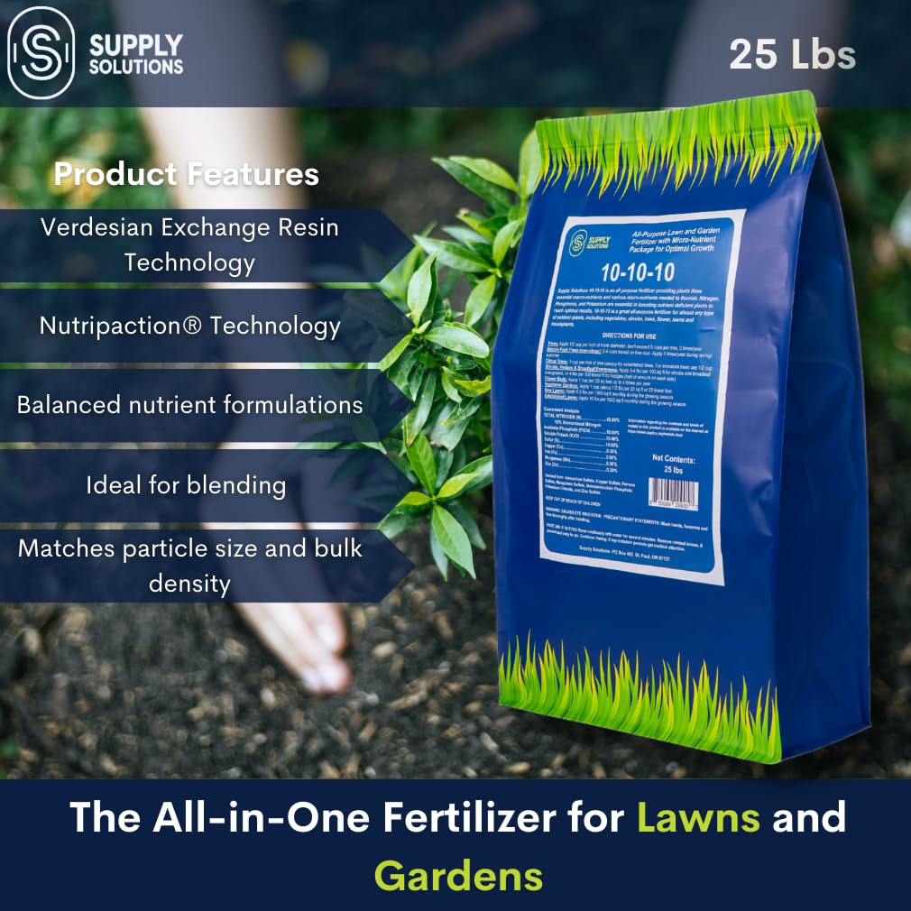Supply Solutions 10-10-10 Complete Lawn & Garden Granular Fertilizer with Micronutrients – Balanced NPK Plant Food for Soil Health, Blooms & Roots – Safe for Vegetables, Fruits, Lawns (25 Pounds)