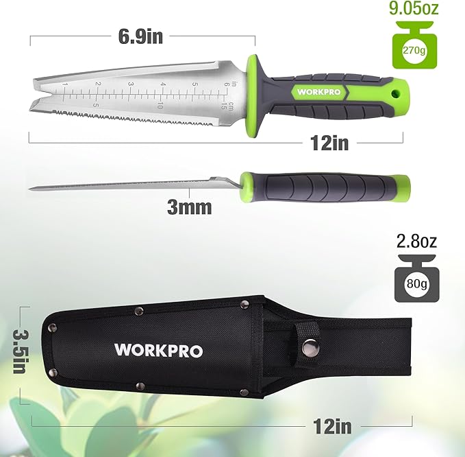 WORKPRO Hori Hori Garden Knife, Garden Tools with Oxford Sheath, 7" Stainless Steel Blade with Cutting Edge, Multi-Purpose Weed Puller tool with Hanging Hole for Planting, Weeding, Digging