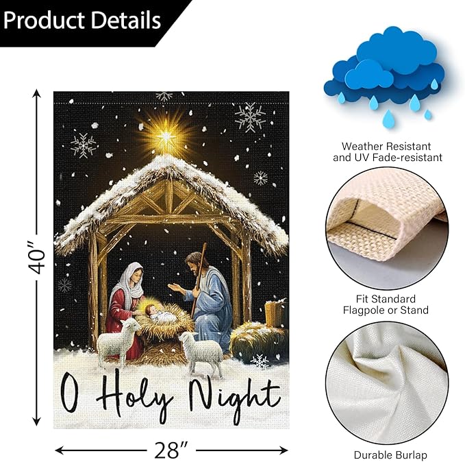 Louise Maelys Christmas O Holy Night Garden Flag 28x40 Inch Double Sided Nativity Xmas Large Burlap Welcome Winter Holiday Yard Outdoor Sign Outside House Decoration