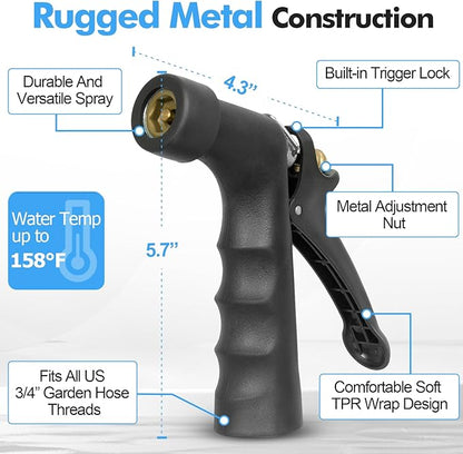 SPECILITE 5/8" Hot/Cold Garden Hose 200 ft with Industrial High Pressure Nozzle, Flexible & Lightweight, 600psi Burst Rubber Water hose -50℉-158℉ With 3/4"Stainless Steel Fittings for Yard, Black