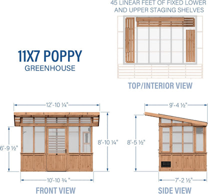 Backyard Discovery Poppy 11' x 7' Cedar Wood and Polycarbonate Walk-In Greenhouse Kit with Exhaust Fan, Windows, Hose Hook-Ups, PowerPort, Staging Shelves, Plant Hooks for Year-Round Outdoor Gardening