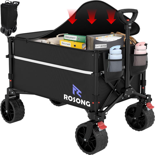 Collapsible Wagon Cart with Wheels Foldable - Folding Utility Heavy Duty Wagons Carts for Grocery Sports Garden Shopping Camping Wheelbarrows (Black with Cover, 120L)