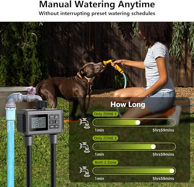 Uzoli SGW07 Sprinkler Timer, Programmable Water Timer for Garden Hose with 2 Outlets, Rain Delay, Manual, IP55 Waterproof Auto Drip Irrigation for Yard, Lawn, Pool