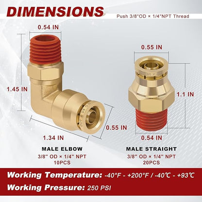 3/8” Quick Push to Connect Fittings Brass Male Straight and Elbow Combination DOT Approved 3/8" Tube OD x 1/4" NPT Thread Air Brake Line Adapter Air Suspension Kit Air Hose Repair Kit 30pcs