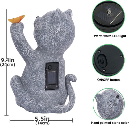 Solar Garden Statue Cat Garden Figurines Cat Garden Statue Outdoor Decor, Solar Powered Resin Sculpture with Butterfly Light Art Decoration for Patio Lawn Yard Porch, Housewarming Garden Gift