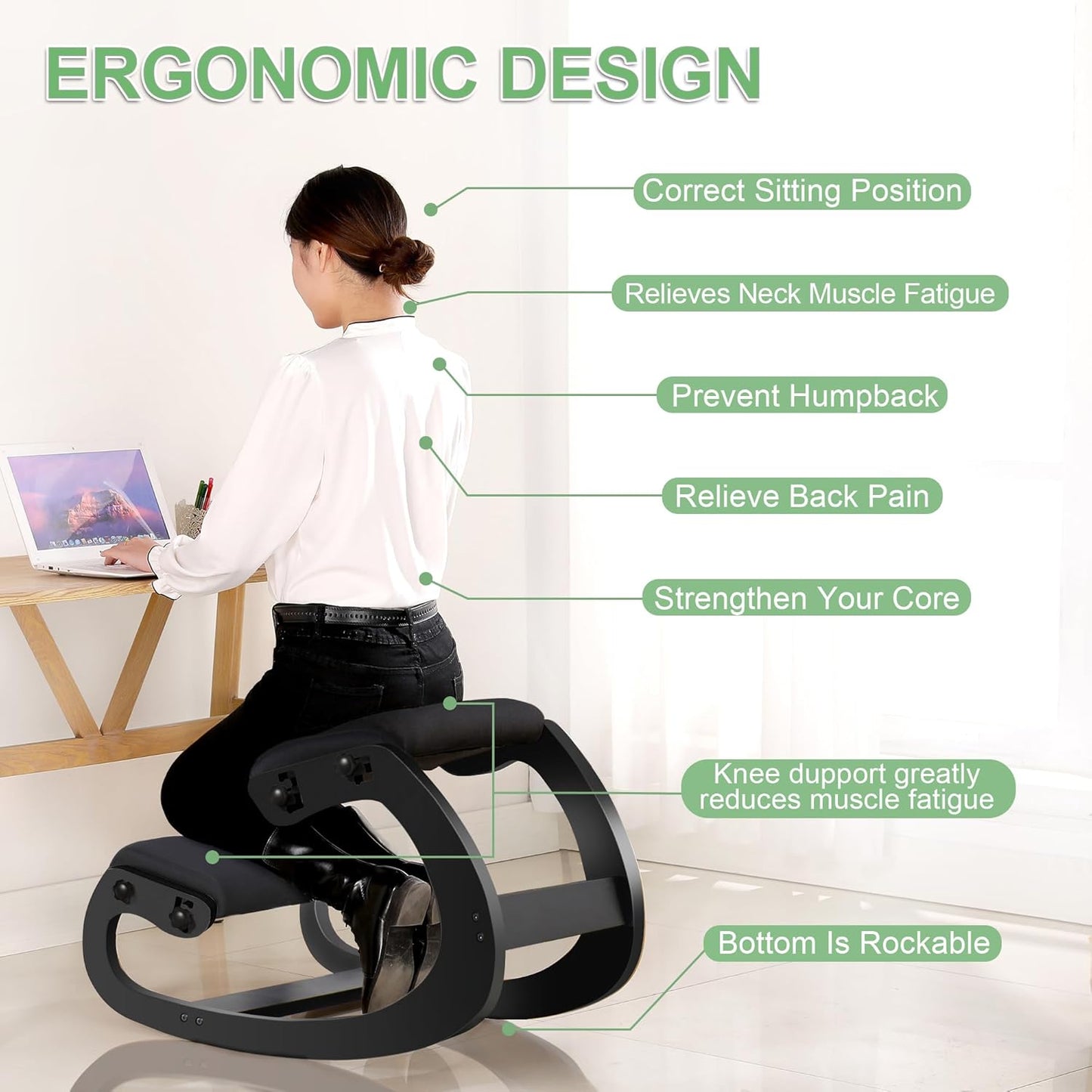 Predawn Adjustable Ergonomic Kneeling Chair – Custom Height Rocking Posture Stool with Thick Cushions, Solid Wood Frame, Knee Support Seat for Adults, Office or Meditation Use (Onyx Black)