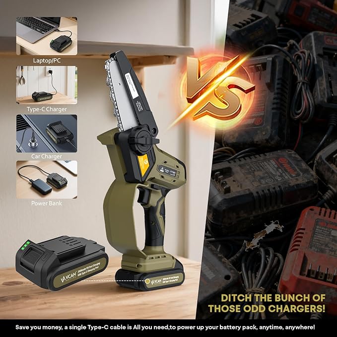Mini Chainsaw Cordless 5 inch 36Ft/s Brushless Electric Chainsaw Pruning Saw with 21V 5Ah Battery 2PCS PD Fast Charging Batteries & 2 Chains for Tree Branch Wood Cutting Gardening for Men Dad Husband