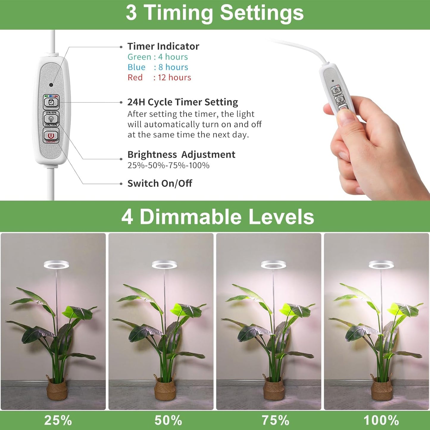 LBW Grow Lights for Indoor Plants, 144 LEDs Full Spectrum Plant Light, Large Plant Lamp with 4 Dimmable Levels, 4/8/12H Auto Timer, Height Adjustable, Halo Growing Lamp for Tall Plants, 2 Pack