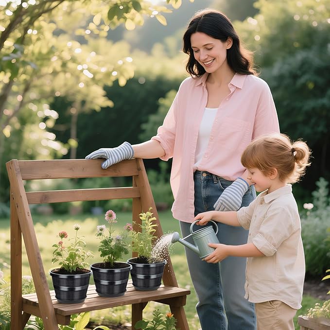 UNEED 10 inch Plant Pots, 4 Pack Plastic Flower Pots with Drainage Holes & Saucers, Retro Outdoor Indoor Garden Planters for Plants, Patio, Lawn Decor (Black)