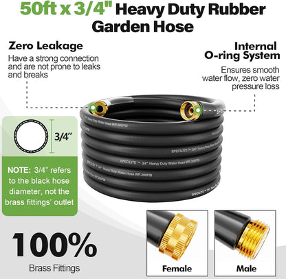 SPECILITE 3/4" Garden Hose 50 ft with High Flow Nozzle, Heavy Duty Flexible Hybrid Rubber Water Hose for Outdoor, Lightweight, Leak-Proof, No-Kink, 3/4"Brass Fittings,Black