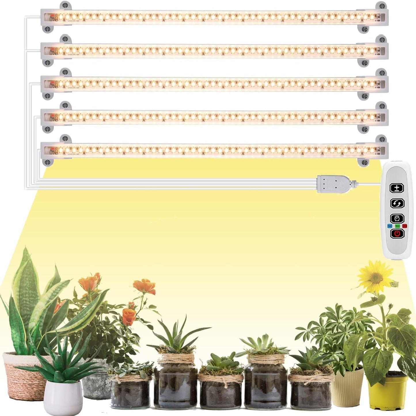 Grow Light Strip - Full Spectrum LED Grow Lights for Indoor Plants, Auto On/Off Timer, 5 Pack (240 LEDs, 10 Dimmable Levels)