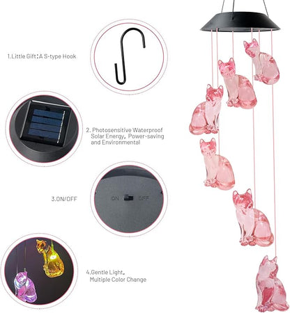 Cat Wind Chimes, Solar Cat Lights for Outside, Gifts for Cats Lovers, Birthday Gifts for Women, Mom, Ded, Grandma, Garden Lawn Yard Outdoor Decor Mobiles Wind Chime, Cats Themed Gift