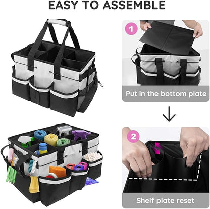 ZKOO Large Cleaning Caddy Bag with Handle, Built-in Sturdy Support Board, Adjustable Shoulder Strap, Multi-compartment Design Cleaning Supply Tote for Cleaners & Housekeepers (White)