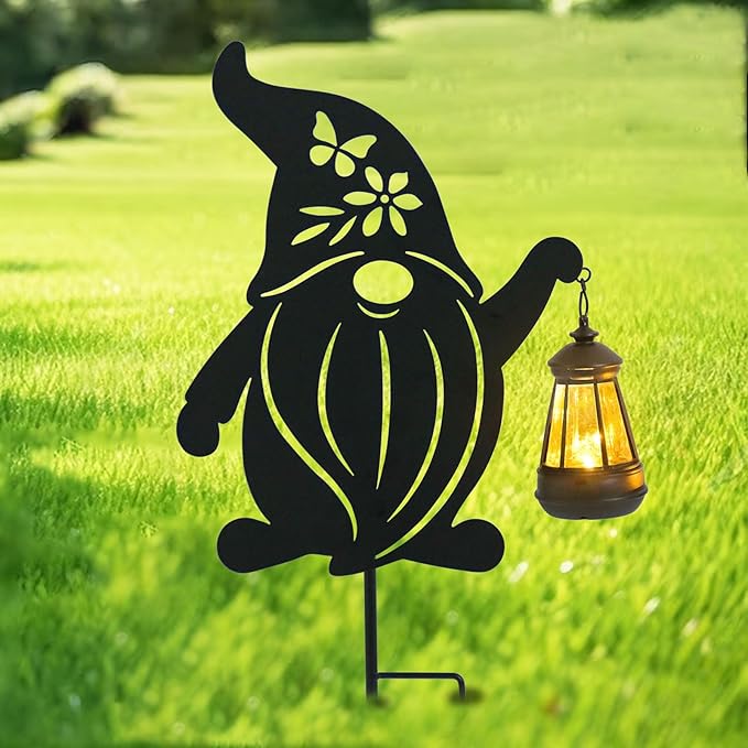 Afirst Solar Outdoor Garden Stake Solar Gnome Decorative Stake Light with Lantern Halloween Decorative Metal Outdoor Ornament for Yard Pathway Lawn Patio