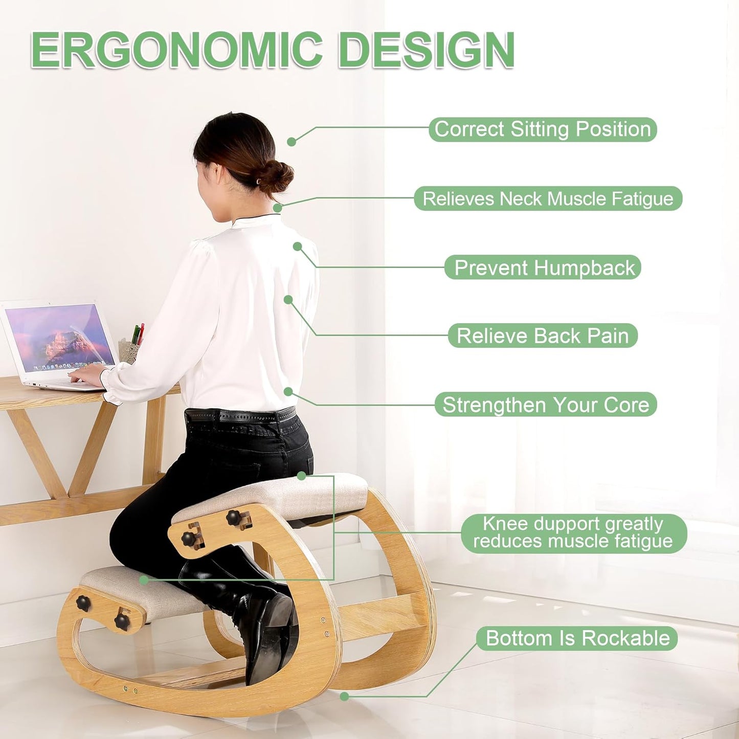 Predawn Adjustable Ergonomic Kneeling Chair – Custom Height Rocking Posture Stool with Thick Cushions, Solid Wood Frame, Knee Support Seat for Adults, Office or Meditation Use(White Oak)