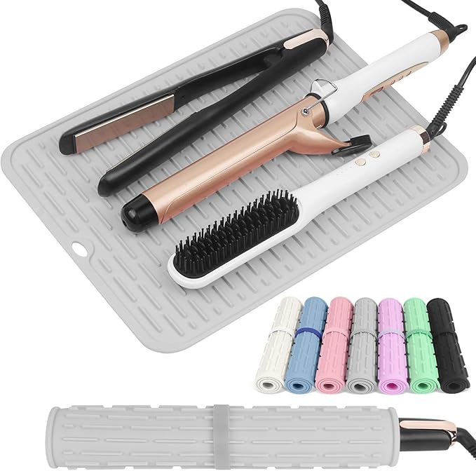 AMIJEAL Oversize Silicone Heat Resistant Mat for Hair Tools, Curling Iron Mat, Hot Tools Holder, Portable Flat Iron Hair Straightener Pad Cover for Travel Vanity Salon(14.2" x 11.0")
