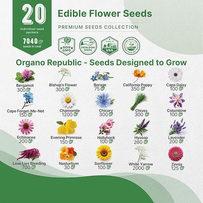 Organo Republic 20 Edible Flower Seeds Variety Pack- Indoor/Outdoor. 7000+ Non-GMO Heirloom: Borage, Bergamot, Nasturtium, Chives, Cape Daisy, Hyssop, Zinnia Seeds & More