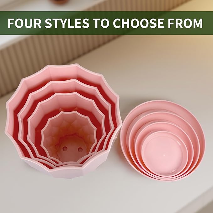 Flower Pots, 8.3/7.1/5.9/4.3 inch Nursery Plant Pot with Drainage Holes and Hole Mesh Pad and Saucers Tray for Indoor Garden Plants, Succulent, Orchid and Cactus