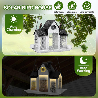 Solar Bird Feeders House for Outdoors Hanging, 7LBS Large Capacity Metal Wild Bird Feeder Squirrel Proof for Outside with Water Cup, Cardinal Birdfeeder Birdhouses Gift for Bird Lovers
