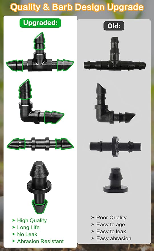 1/4 Inch Drip Irrigation Fittings Kit, 130 Pieces Drip Irrigation Parts for 1/4" Irrigation Tubing for Garden Lawn, Drip Line Barbed Connectors - 60 Couplings, 40 Tees, 20 Elbows, 10 End Plugs
