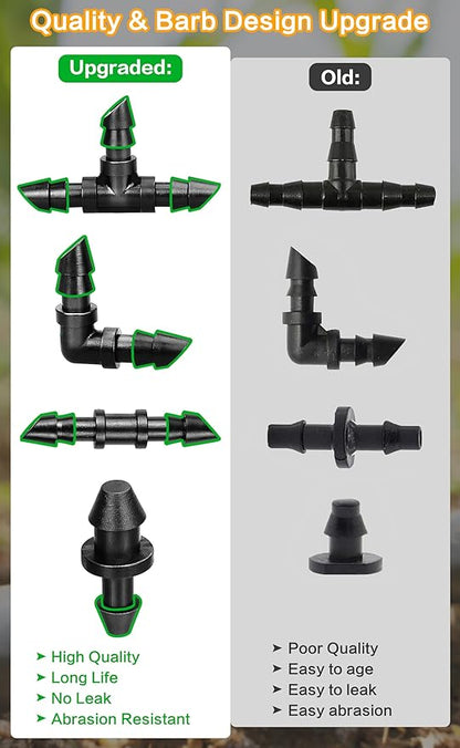 1/4 Inch Drip Irrigation Fittings Kit, 130 Pieces Drip Irrigation Parts for 1/4" Irrigation Tubing for Garden Lawn, Drip Line Barbed Connectors - 60 Couplings, 40 Tees, 20 Elbows, 10 End Plugs