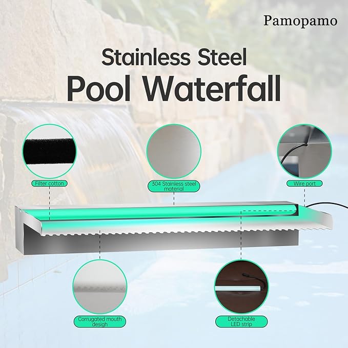 Pond Waterfall Spillway Stainless Steel Pool Fountain, APP Control LED Lighted Waterfalls Kit, Outdoor Water Flow Waterfalls Kit for Garden Patio Koi Pond Decoration-35.4"x7.8"x3.9"