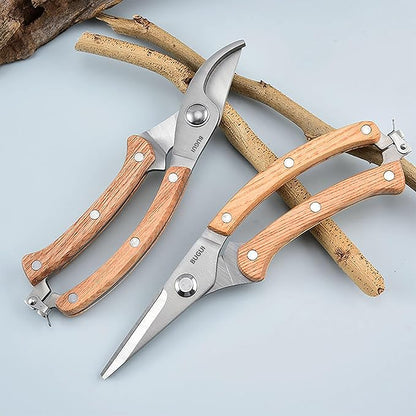 BUGUI Wood Handle Garden Shears, Long Straight Tip, All Steel Construction, Sharp, Well Designed Garden Scissors, 8"