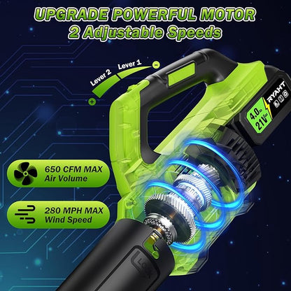 RYAHT Leaf Blower, 21V Powerful Electric Leaf Blower Cordless with 2 x 4.0Ah Batteries and Charger, 2 Speed Modes, Handheld Lightweight Leaf Blowers for Lawn Care, Patio, Garden, Dust - Green