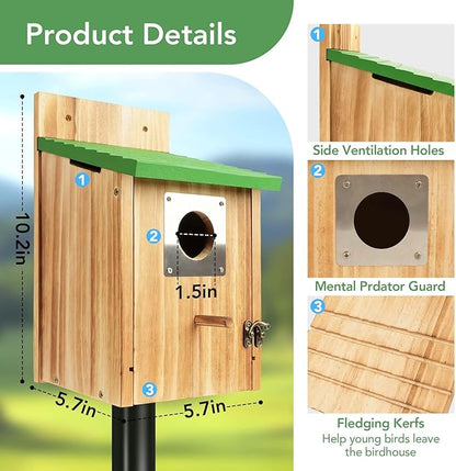 2 Pack Bird Houses for Outside - Cedar Bluebird Houses with Metal Predator Guard, Birdhouse for Wren Bluebirds Finches Swallows, Carbonized Wooden